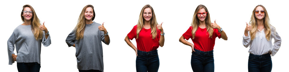 Collage of young beautiful blonde woman over isolated background doing happy thumbs up gesture with hand. Approving expression looking at the camera with showing success.