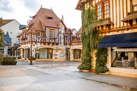 Street view with beautiful old houses in the center of Deauville town, Famous french resort in Normandy
