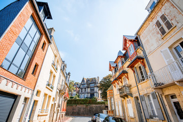 Fototapeta na wymiar Street view with colorful buildings in Trouville, Famous french town in Normandy