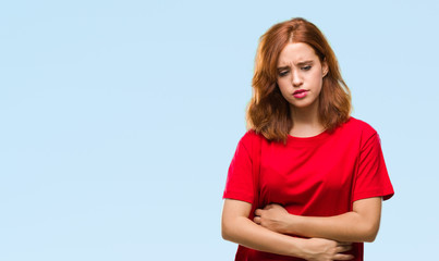 Young beautiful woman over isolated background with hand on stomach because nausea, painful disease feeling unwell. Ache concept.