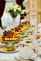 delicious dishes on the table in the restaurant. serving table.