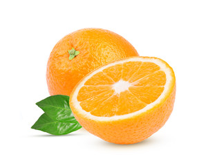 whole orange fruit with half slices and green leaves isolated on white background with clipping path