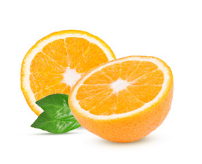 whole orange fruit with half slices and green leaves isolated on white background with clipping path