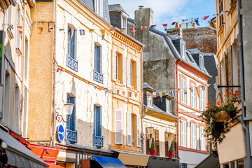 Fototapeta na wymiar Street view with luxury buildings in the center of the old town of Trouville, famous french town in Normandy
