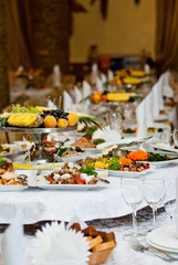 delicious dishes on the table in the restaurant. serving table.