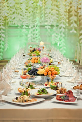 delicious dishes on the table in the restaurant. serving table.