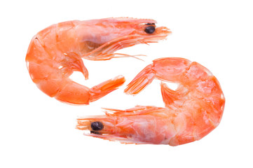 Group of fresh red boiled cooked shrimps isolated on white background