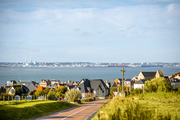 Landscape view on Villerville and ocean with La Havre port on the background in Normandy, France