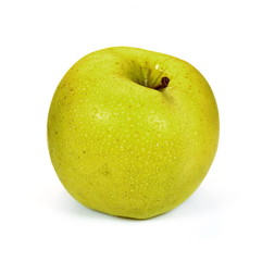 Whole green Apple with water drops isolated on white background