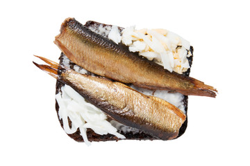 Sandwich with sprats and egg on white background