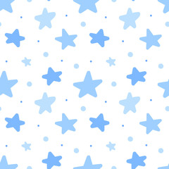 Seamless pattern of blue stars. Concept for baby shower, birthday, holiday, sleep, texture, background, wallpaper, wrapping paper, print for clothes, cards, banner. Vector illustration for boy