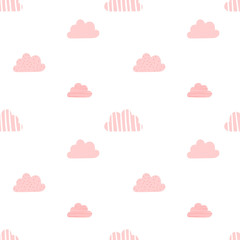Seamless pattern of pink clouds on a transparent background. Vector image for holiday, baby shower, birthday, wrappers, print, clothes, cards, banner, textiles, girls