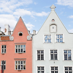 Facades of the houses on the town hall square. Old city, Tallinn, Estonia