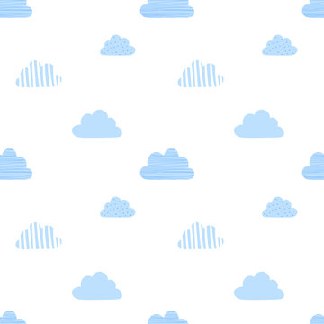 Seamless pattern of blue clouds on a transparent background. Vector image for holiday, baby shower, birthday, wrappers, print, clothes, cards, banner, textiles, boys