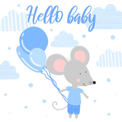 Vector image of a mouse with blue balls, clouds and inscription Hello. Illustration for celebrating baby shower, birthday of boy. Invitation and greeting card.