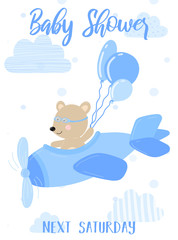 Vector illustration of a blue plane with a pilot bear and balls on a background of clouds. Image for boys. Ð¡oncept of holidays, birthday, wrappers, prints, clothes, cards, banner, textile, flyer.