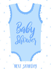 Vector illustration of a blue babygro on a polka dot background. Image for boys. Concept for holidays, baby shower, birthday, wrappers, print, clothes, cards, banner, textile, flyer.