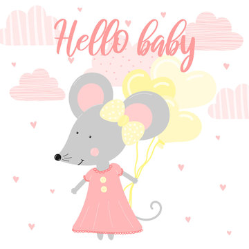 Vector image of a mouse with yellow balls, pink clouds, hearts and inscription Hello. Illustration for celebrating baby shower, birthday of girl. Invitation and greeting card.