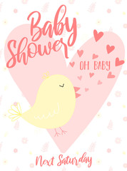 Vector illustration of pink birds with hearts among flowers. Image for girls. Concept for holidays, baby shower, birthday, wrappers, print, clothes, cards, banner, textile, flyer.