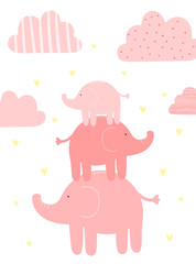 Vector illustration of three pink elephants among the clouds and hearts. Image for girls. Holiday concept, baby shower, birthday, wrappers, print, clothes, cards, banner, textile, flyer.