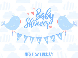 Vector illustration of blue birds with checkboxes on a background of triangles. Image for boys. Concept for holidays, baby shower, birthday, wrappers, print, clothes, cards, banner, textile, flyer.