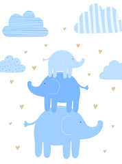 Vector illustration of three blue elephants among the clouds and hearts. Image for boys. Holiday concept, baby shower, birthday, wrappers, print, clothes, cards, banner, textile, flyer.
