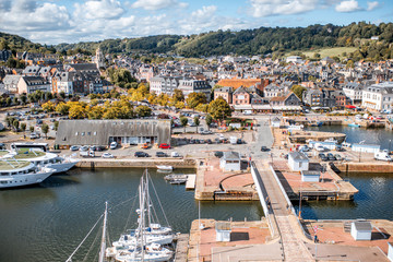 Obraz premium Aerial view on the port and old town of Honfleur, famous french city in Normandy