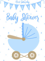 Fototapeta na wymiar Vector illustration of a blue pram with check boxes on a background of triangles. Image for boys. Concept for holidays, baby shower, birthday, wrappers, print, clothes, cards, banner, textile, flyer.