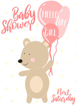 Vector illustration of a bear and pink balls on a background of hearts. Image for girls. Concept for holidays, baby shower, birthday, wrappers, print, clothes, cards, banner, textile, flyer.