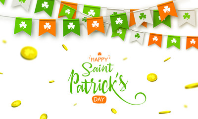 Irish holiday - happy Saint Patrick's Day background with garland flags and coins. Colorful festive bunting with clover. Vector illustration for greeting card, poster, celebration banner