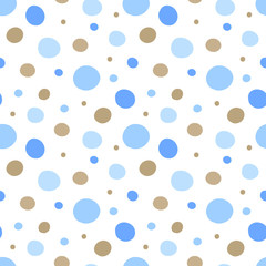 Seamless pattern of blue and beige circles. Concept of baby shower, birthday, holiday, texture, wallpaper, wrapping paper, print for clothes, cards. Vector illustration for a boy in polka dots