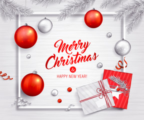 Fototapeta na wymiar Beautiful bright background with Christmas decoration. Vector poster of happy new year 2019 with red and silver balls, gifts, christmas tree branches and ribbons. Holiday greeting card