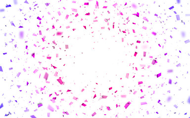 flying pink and purple confetti. Abstract background with explosion particles. Vector illustration can be used for greeting card, carnival, holiday, celebration.