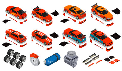 Car Tuning Isometric Icons Set