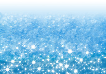 Blue Snow Texture with Snowflakes and Stars close-up. Beautiful winter and Christmas background.