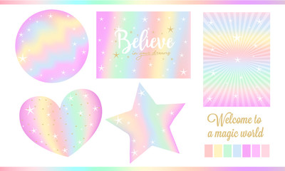 Set of fantasy card for little princess. Unicorn rainbow stickers in pastel colors ( pale yellow, light green, red, violet) with white stars, golden dust. Cute sweet clouds, birth invite. Magic world
