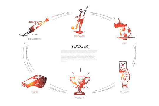 Soccer - forward, fine, goalkeeper, whistle, victory, penalty vector concept set
