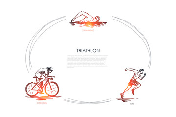 Triathlon - swimming, cycling, run vector concept set