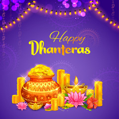 Gold coin in pot for Dhanteras celebration on Happy Dussehra light festival of India background