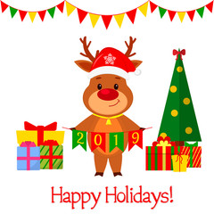 Happy New Year and Merry Christmas greeting card. A cute deer in a Santa hat and a bell holding flags 2019. A Christmas tree and boxes with gifts. Cartoon style. Vector