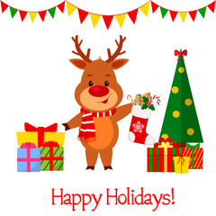 Happy New Year and Merry Christmas Greeting Card. Cute deer in a scarf is holding a boot with gifts. Christmas tree and boxes with gifts. Cartoon style. Vector