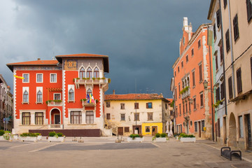Fototapeta na wymiar Buildings in the historic village of Vodnjan (also called Dignano) in Istria, Croatia 