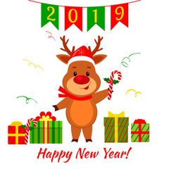 Happy New Year and Merry Christmas greeting card. A cute deer in a santa hat is holding a lollipop. Boxes with gift and serpentine. Cartoon style. Vector