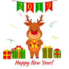 Happy New Year and Merry Christmas Greeting Card. Cute deer holding a box with a gift. Boxes with gift and serpentine. Cartoon style. Vector