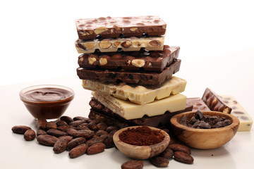 Chocolate bars on table with chocolate tower.