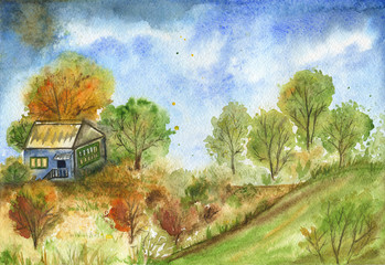 Old house on a hill among the trees. Autumn landscape. Watercolor painting. - 229741866