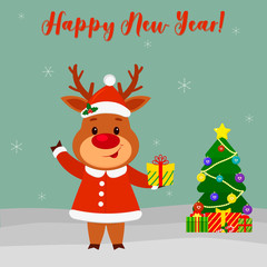 Happy New Year and Merry Christmas greeting card. Cute deer in a santa suit holding a gift. Christmas tree, winter and snowflakes. Cartoon style. Vector