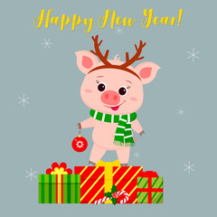 Happy New Year and Merry Christmas greeting card. Cute pig in the horn of a deer and a scarf holding a ball. It is on the box with a gift. The symbol of the new year in the Chinese calendar. Vector
