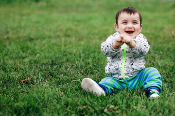 first steps of cute baby boy on footpath among greens