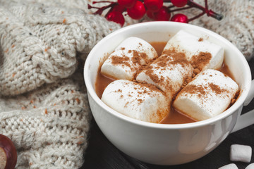 Hot chocolate with marshmallows on the table
